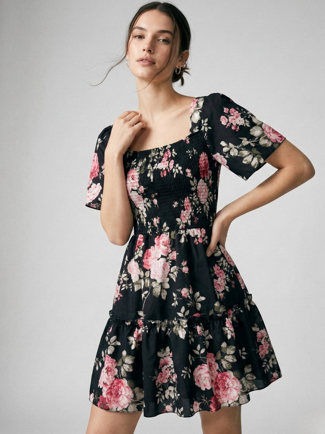 Black Flare Sleeve Tiered Floral Dress