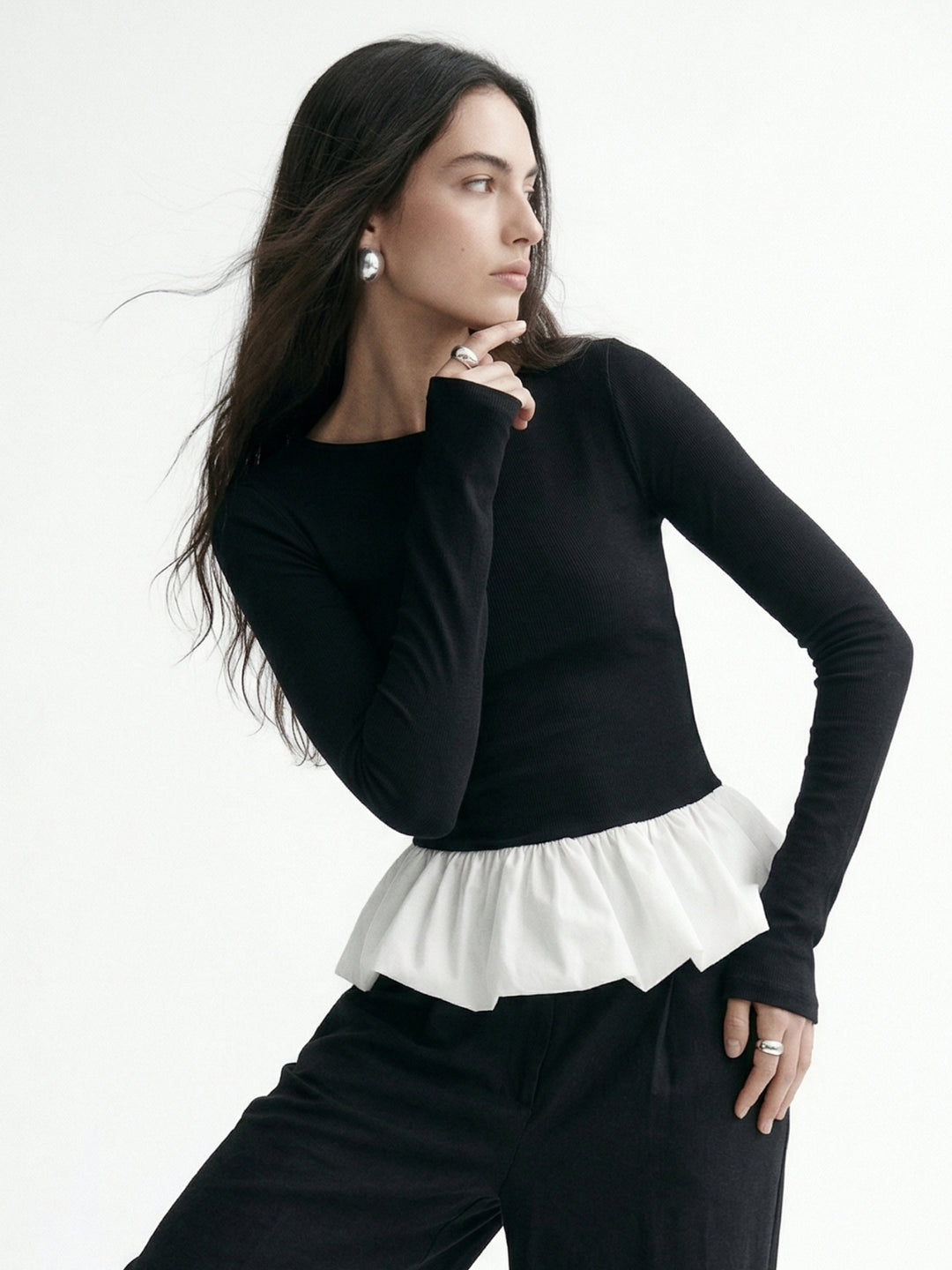 Black Full Sleeve Fitted Peplum Top