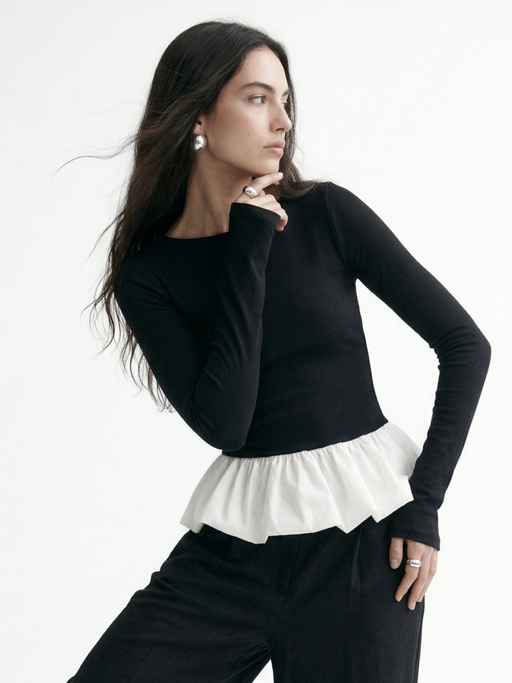 Black Full Sleeve Fitted Peplum Top