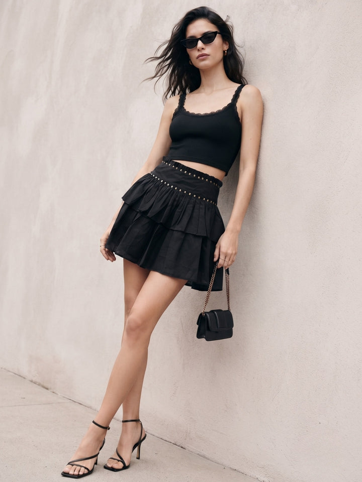 Black Embellished Ruffled Tiered Mini Skirt