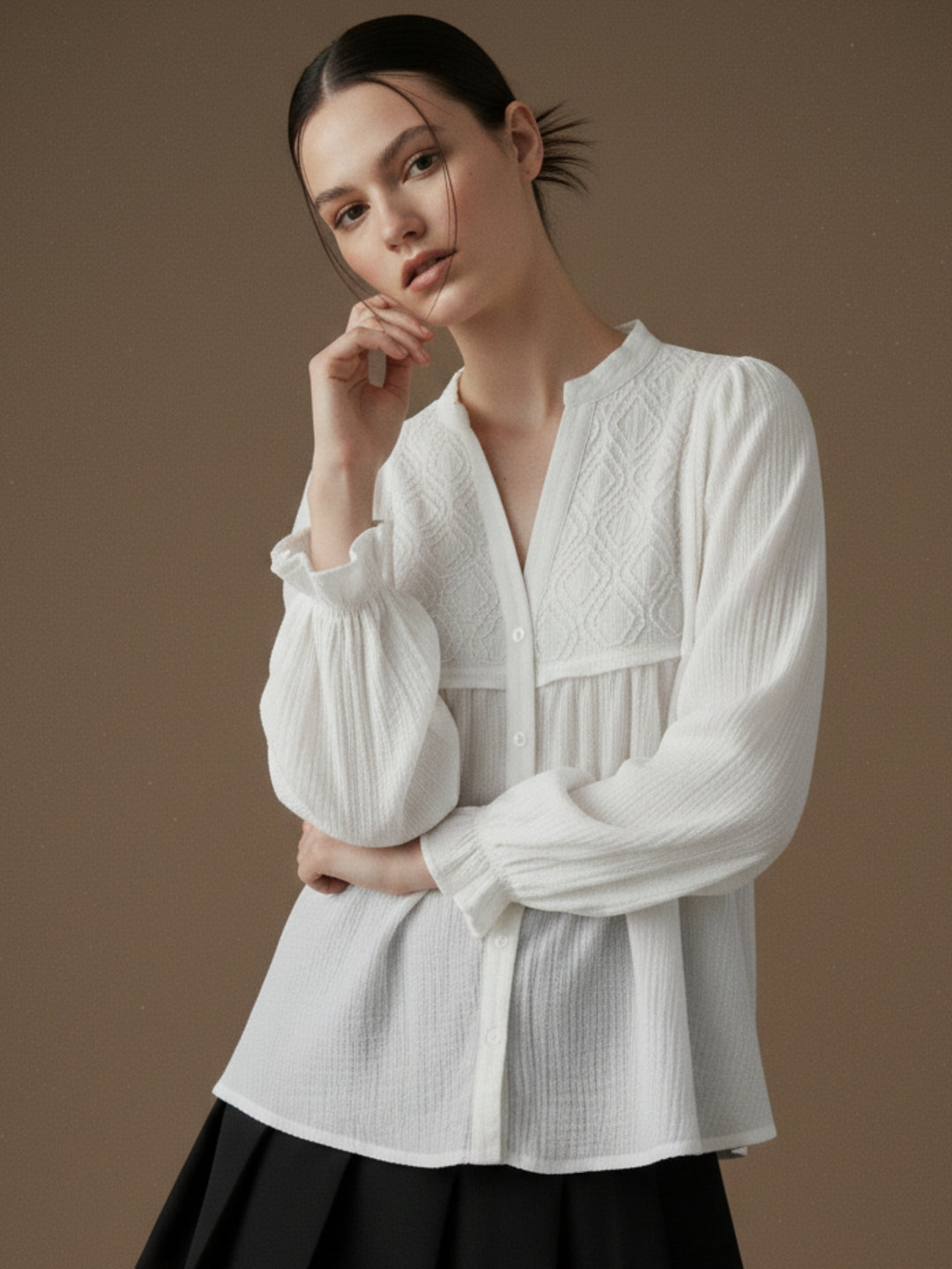 White Mandarin Collared Flowy Shirt