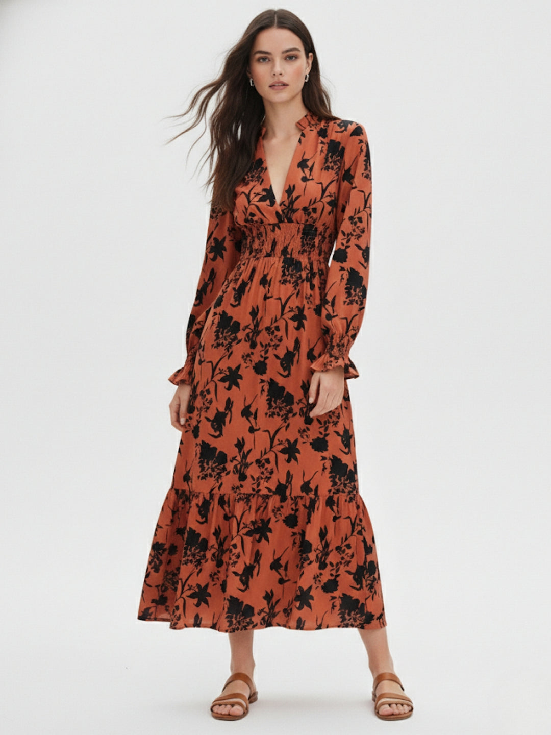 Orange Floral Print Smocked Midi Dress
