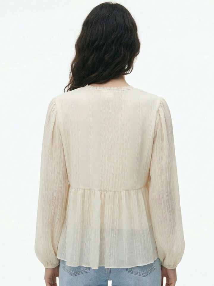 Beige Empire Waist Line Lace Detail Sheer Top