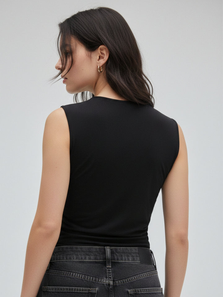Black Asymmetric Neck With Side And Sleeve Ruching