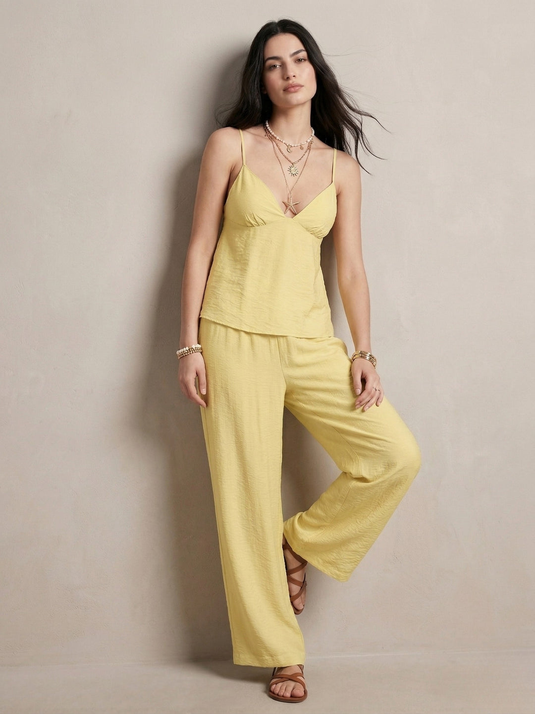 Yellow Spaghetti Strap Top And Pant Set