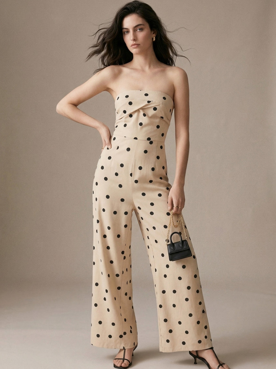 Beige Off Shoulder Polka Printed Jumpsuits