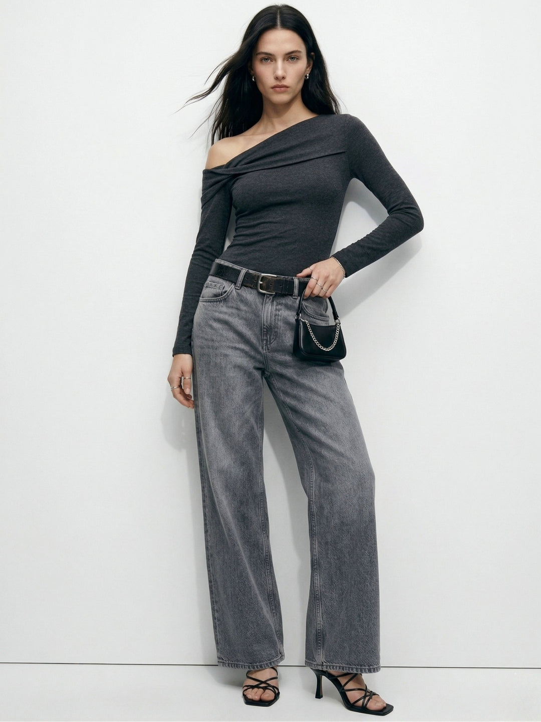 Charcoal Off-Shoulder Twisted Detail Top