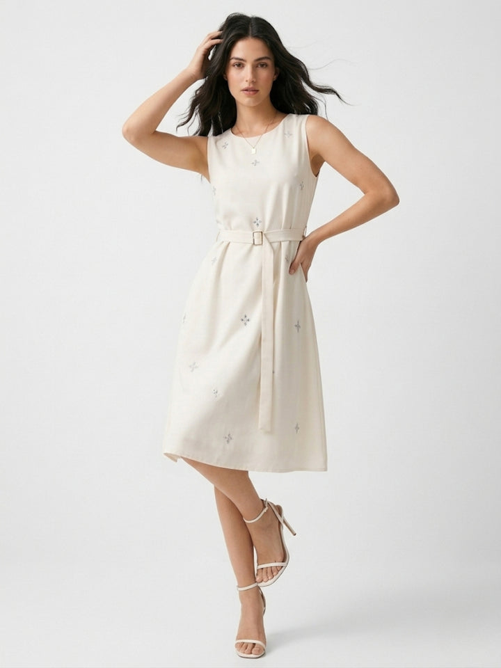 White Waist Belted Printed Dress