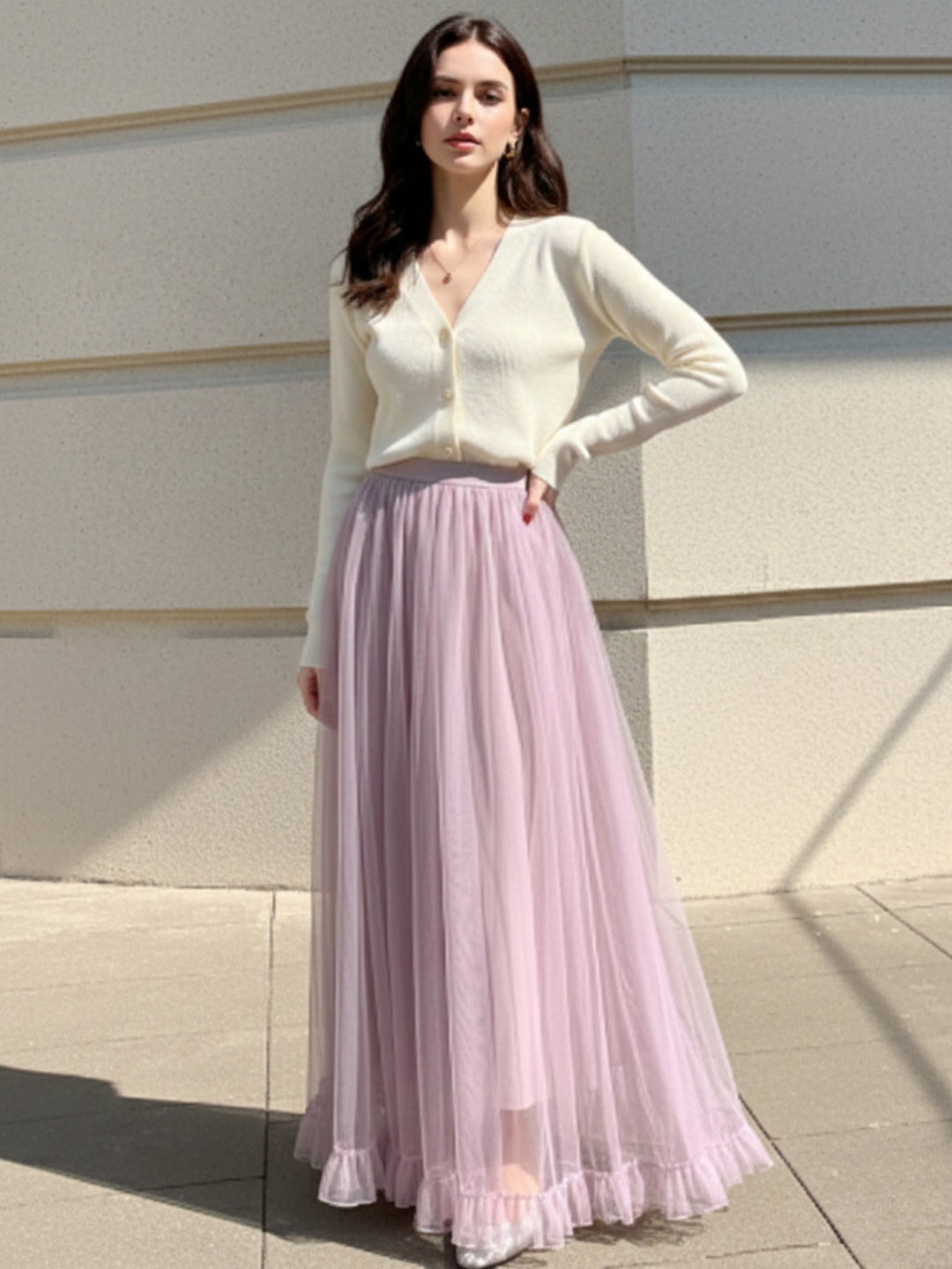 Lilac Sheer A-Line Maxi Skirt With Frilled Hem