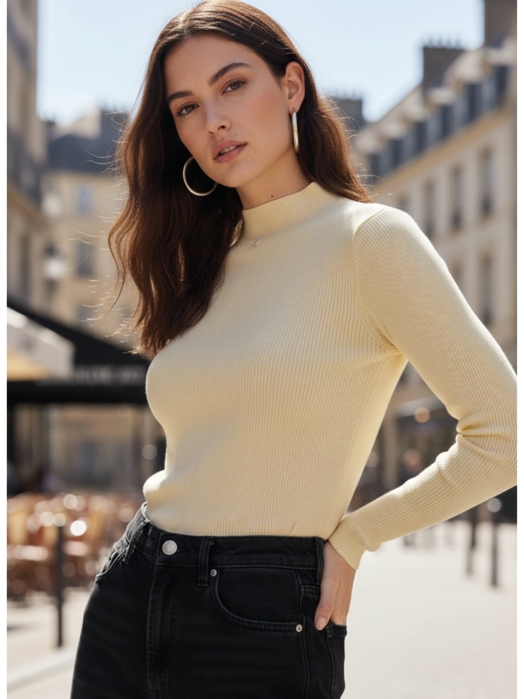 Yellow Full Sleeve Mock Neck Fitted Top