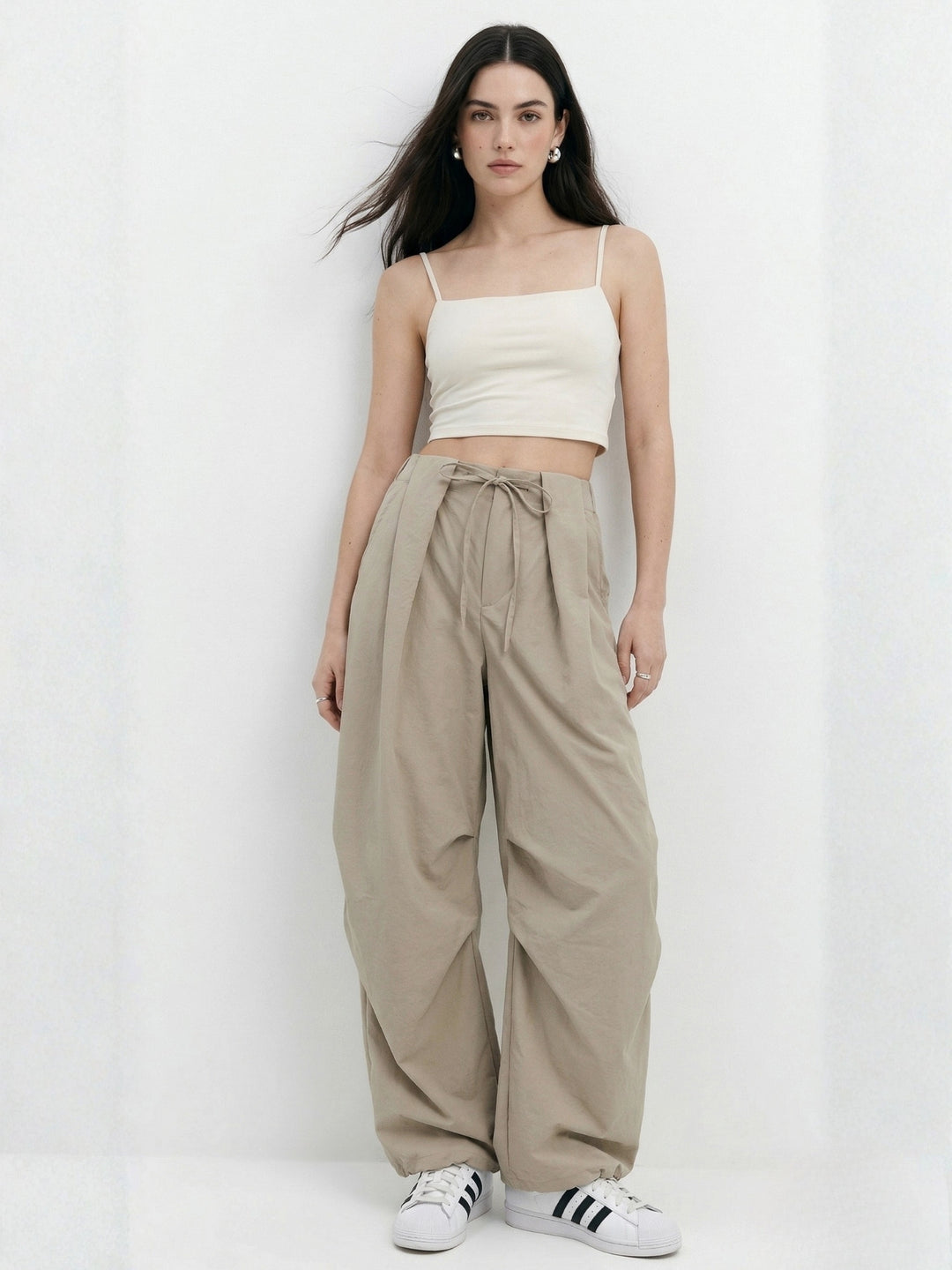 Khaki Baggy Fit Trousers With Belt Detail