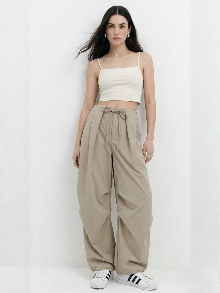 Khaki Baggy Fit Trousers With Belt Detail