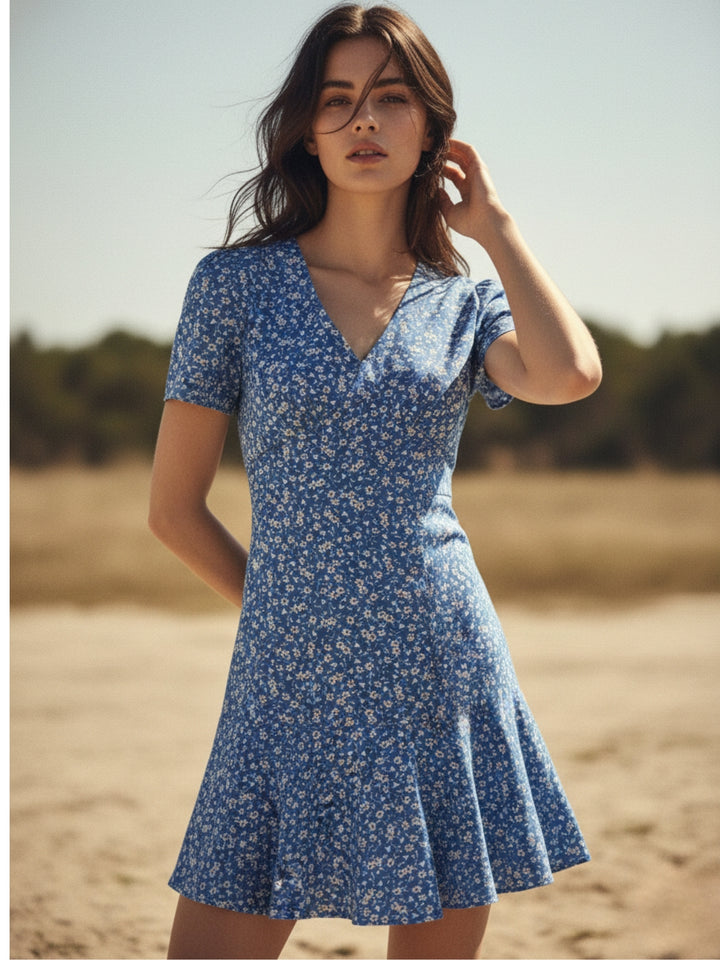 Blue Short Sleeve V Neck Printed Dress