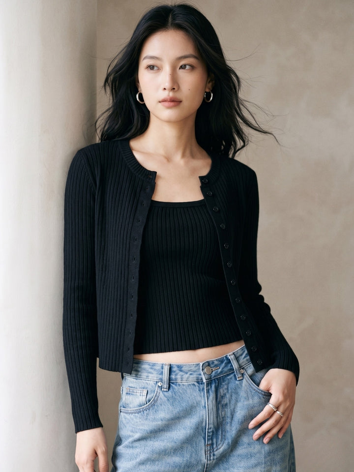 Black Striped Textured Cardigan Styled 2Pcs Top