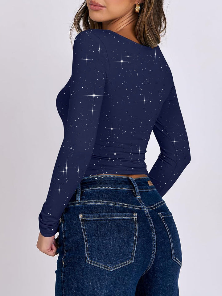 Navy Blue Square Neck Glitter Top