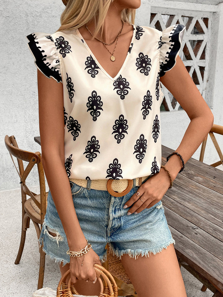 White Printed V Neck Ruffle Sleeve Top