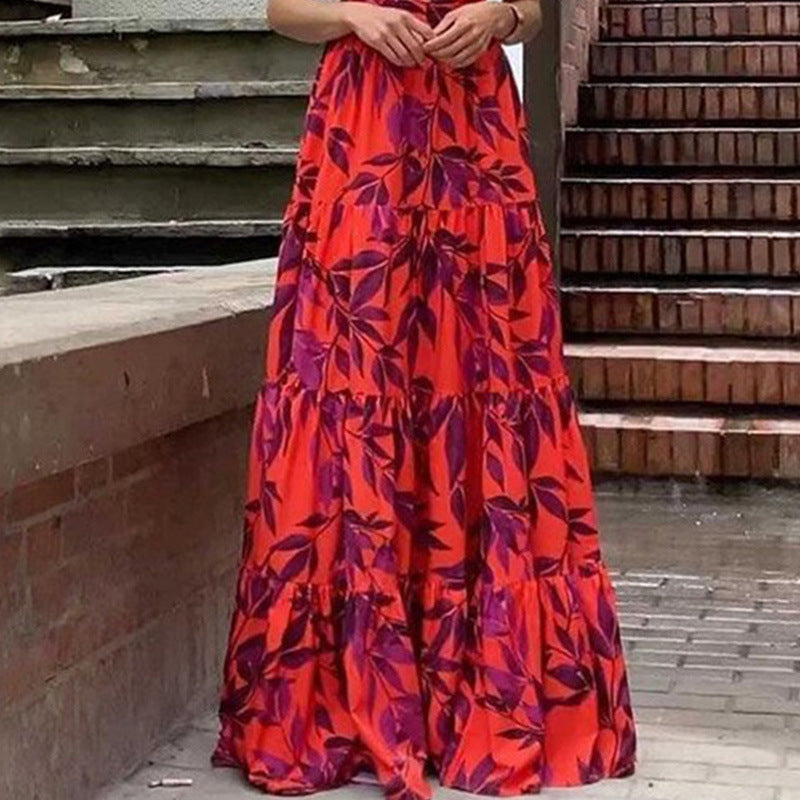 Red Printed Flutter Sleeved Ruffle Dress