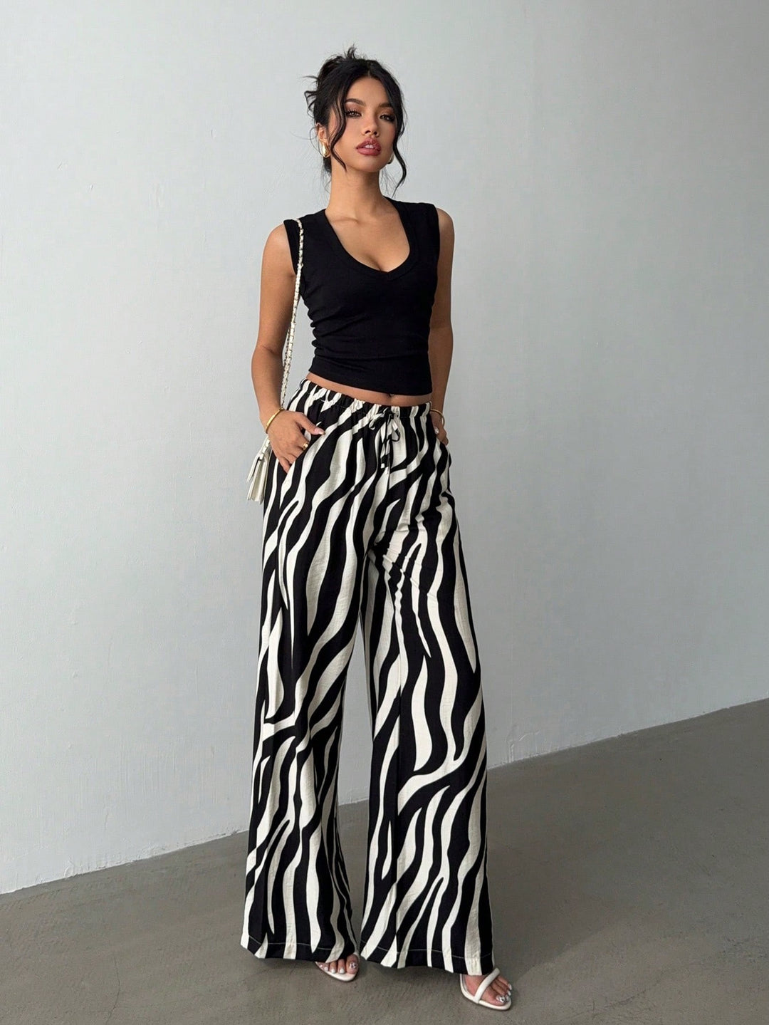 Black Printed Wide Leg Trouser