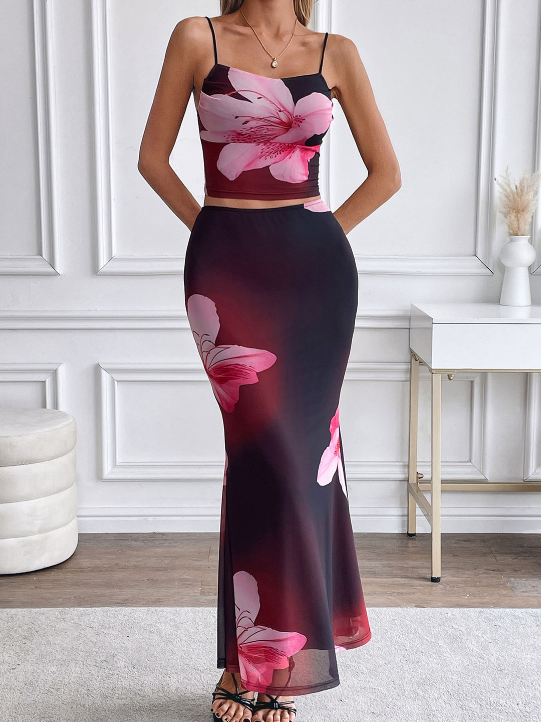 Red Strappy Bold Floral Printed Dress