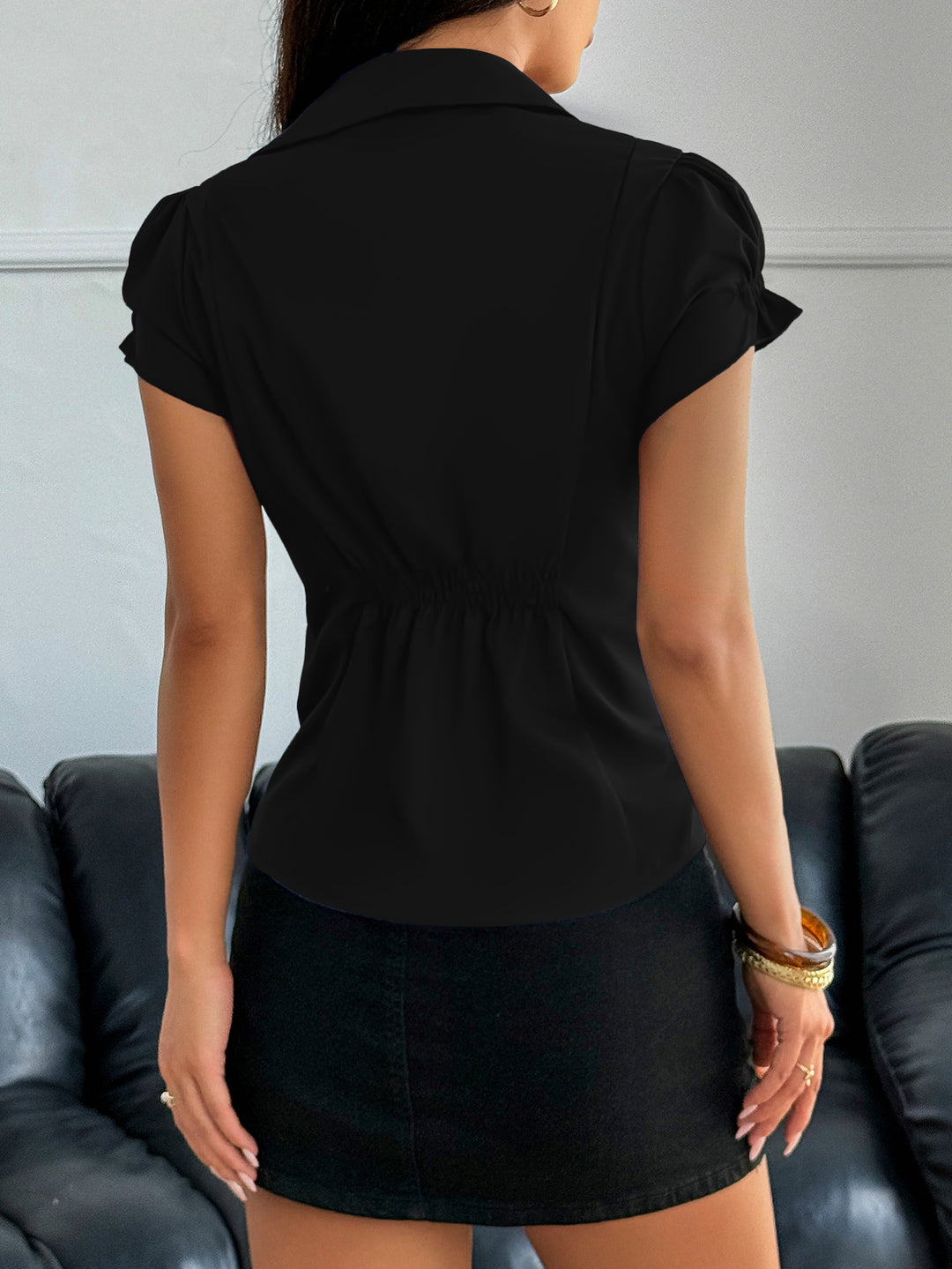 Black Short Puff Sleeve Double Pocket Solid Shirt