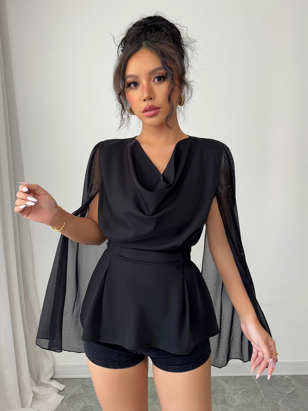 Black Cowl Neck Top With Extended Cape Sleeves