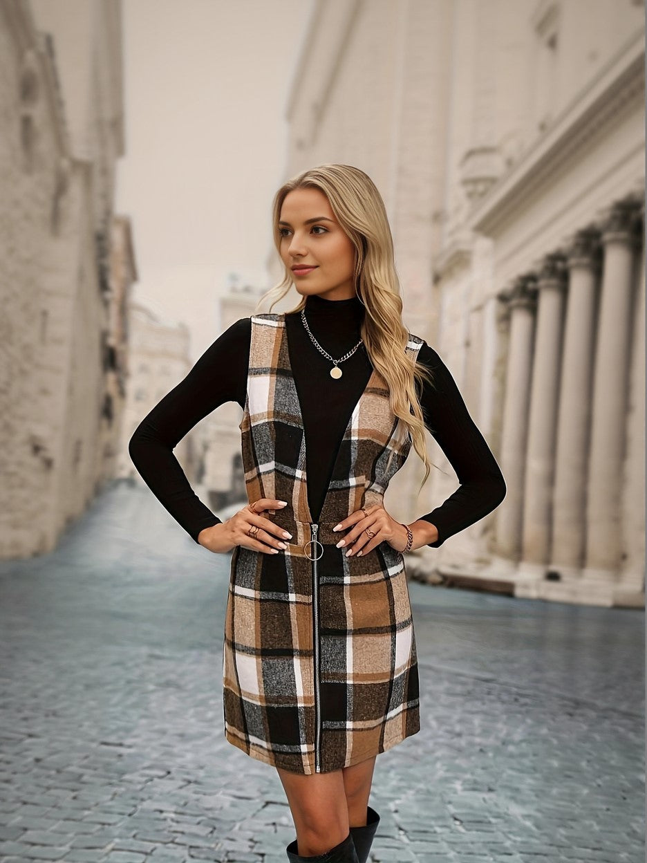 Flannel Pinafore Dess With Front Zip Detailing