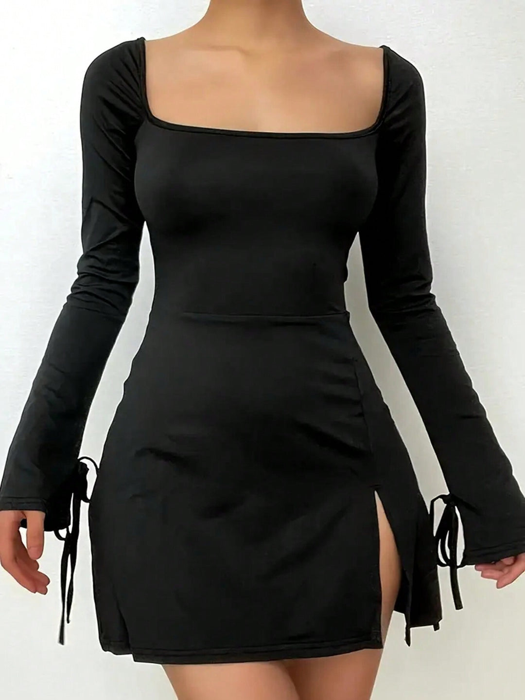 Black Full Sleeved Square Neck Bodycon Dress