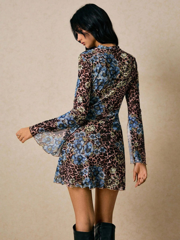 Multi Bell Sleeve High Neck Printed Top