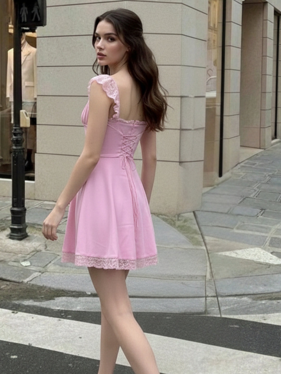 Pink Ruffle Sleeve Lace Hem Dress