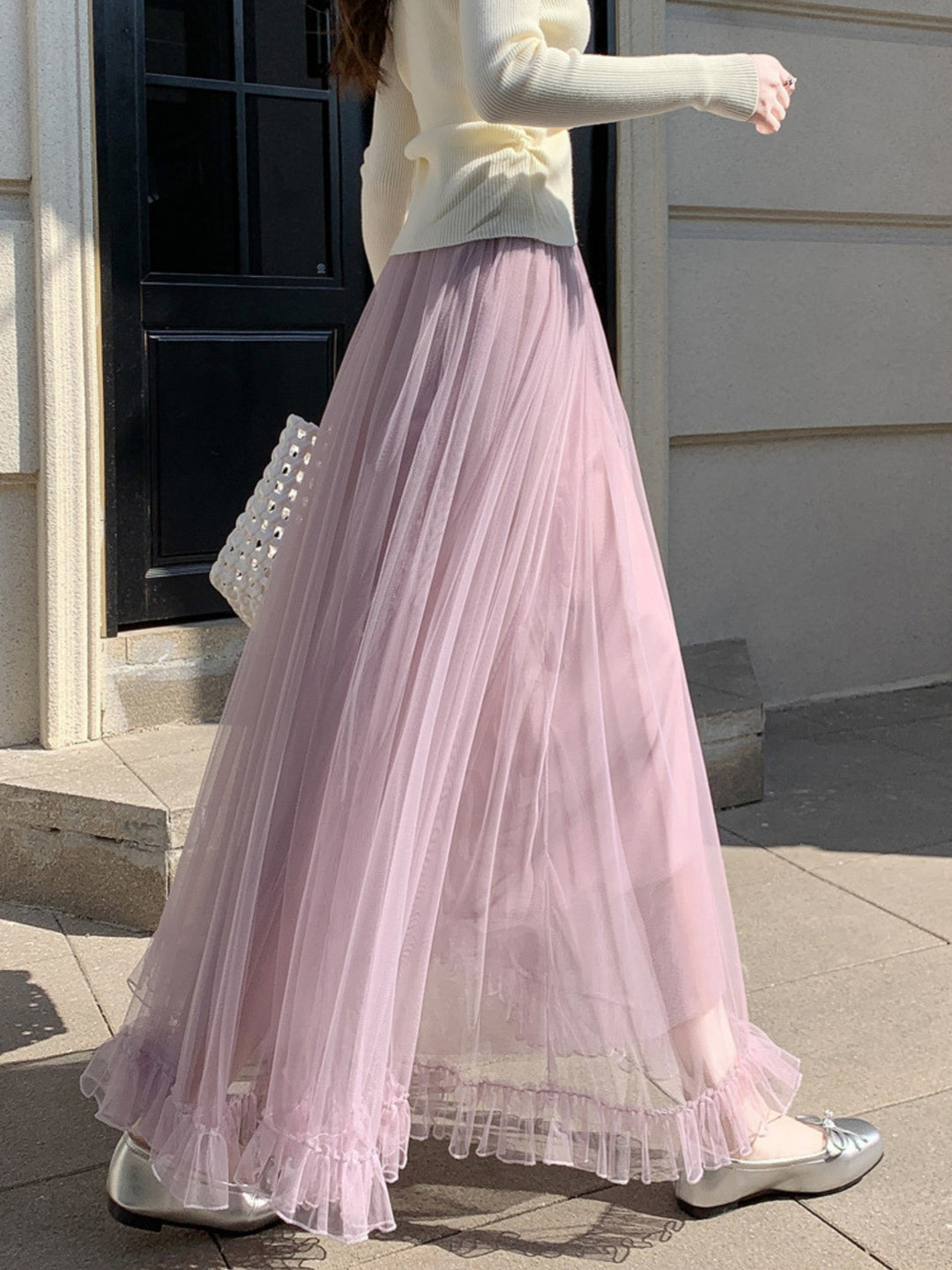 Lilac Sheer A-Line Maxi Skirt With Frilled Hem