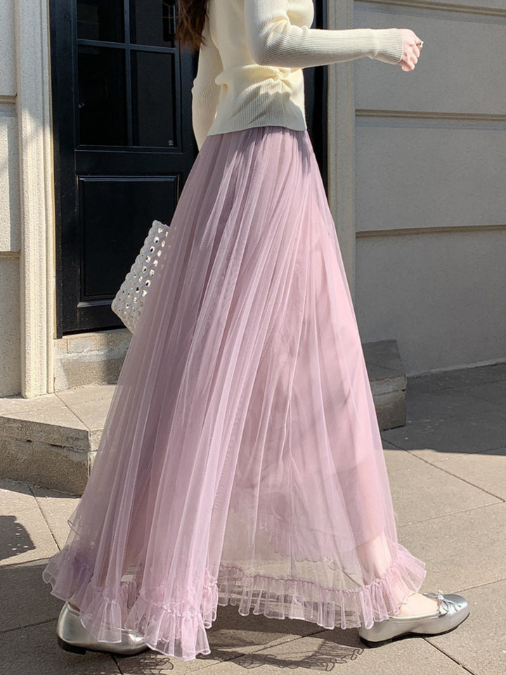 Lilac Sheer A-Line Maxi Skirt With Frilled Hem