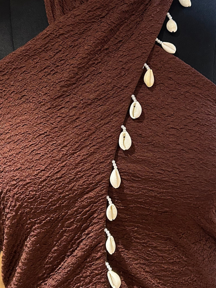Brown Criss Cross Halter Tank With Embellished Drops