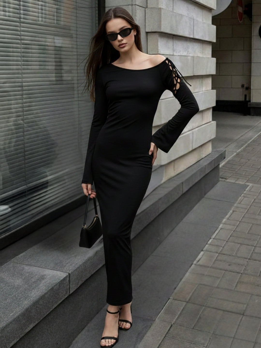 Black Off-Shoulder Dress With Gladiator Tie Up Detail On Sleeve