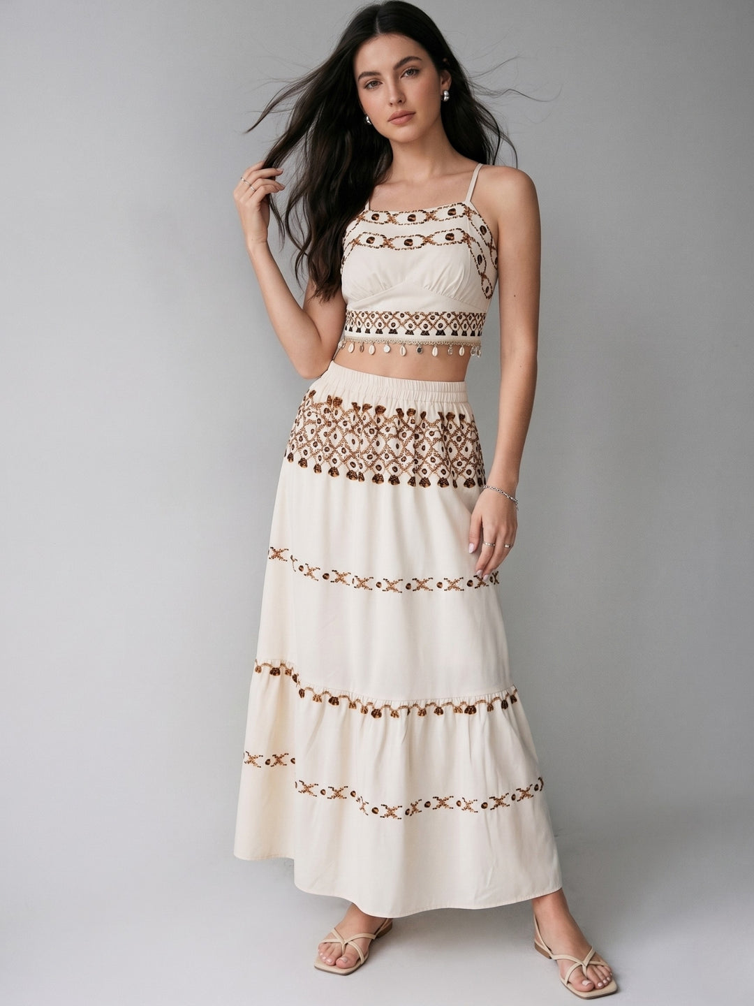 Cream Strappy Crop Top And Skirt Co-Ord Set