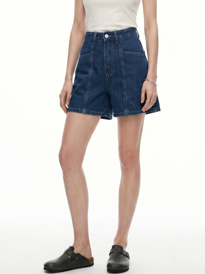 Blue High Waisted Slit Pockets Relaxed Shorts