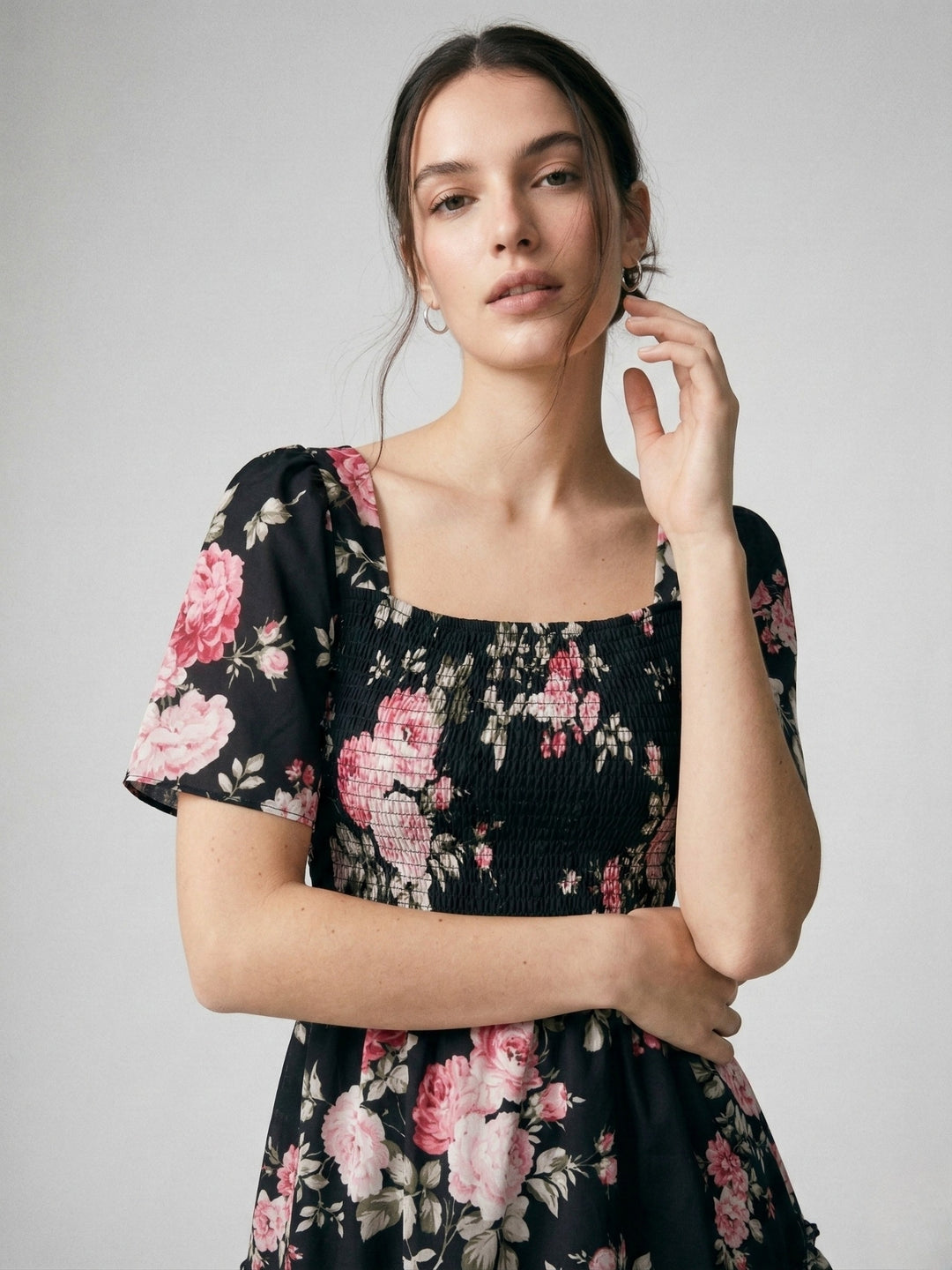 Black Flare Sleeve Tiered Floral Dress