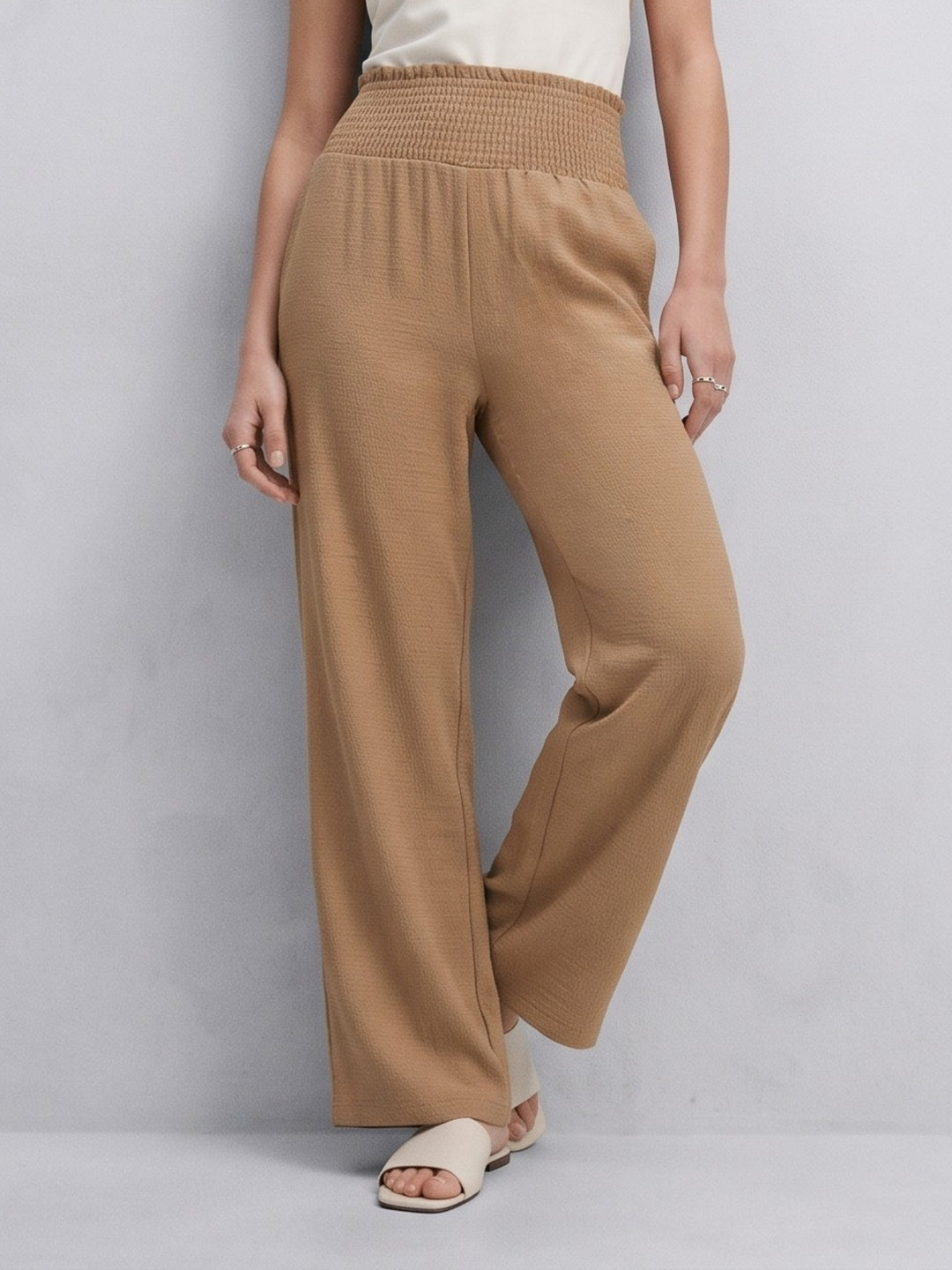 Beige High Waist Wide Leg Trousers