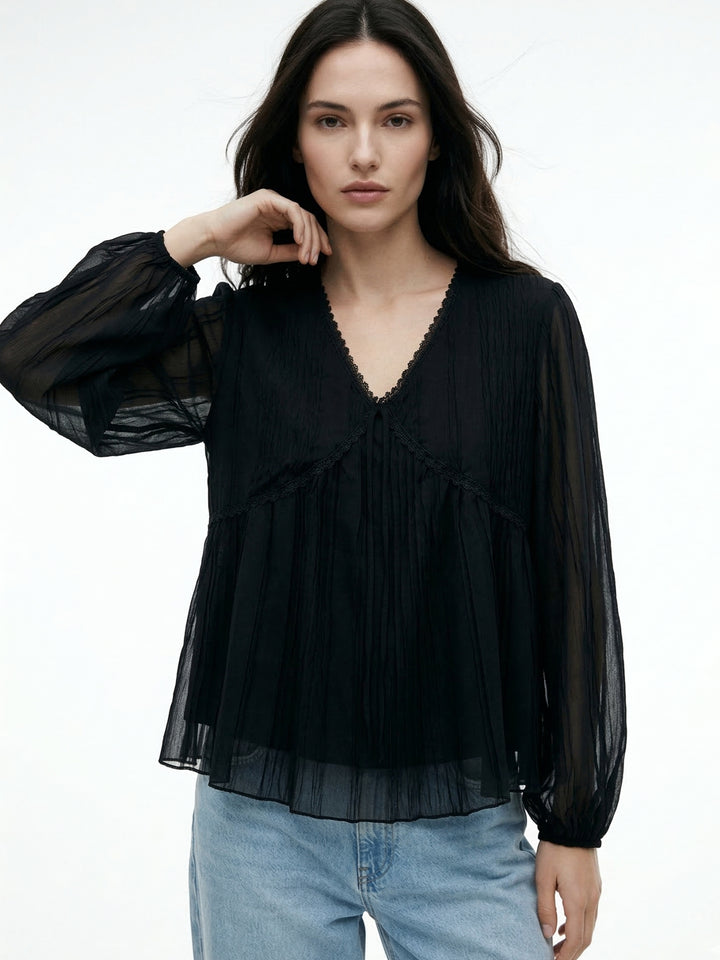 Black Empire Waist Line Lace Detail Sheer Top