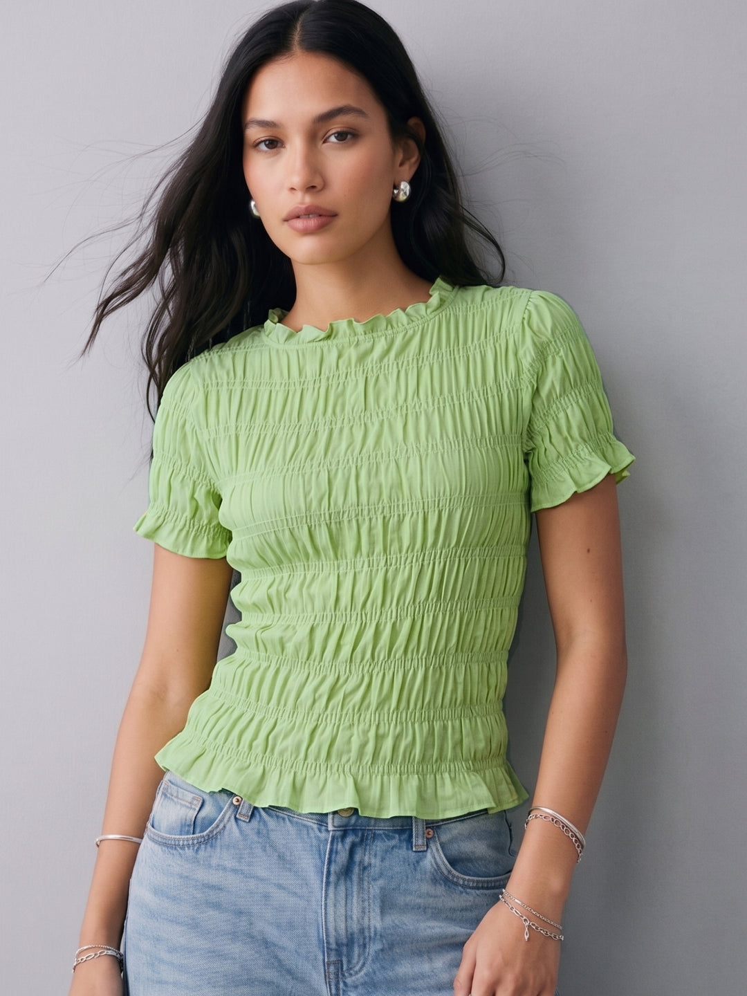 Green Smocked Fitted Top
