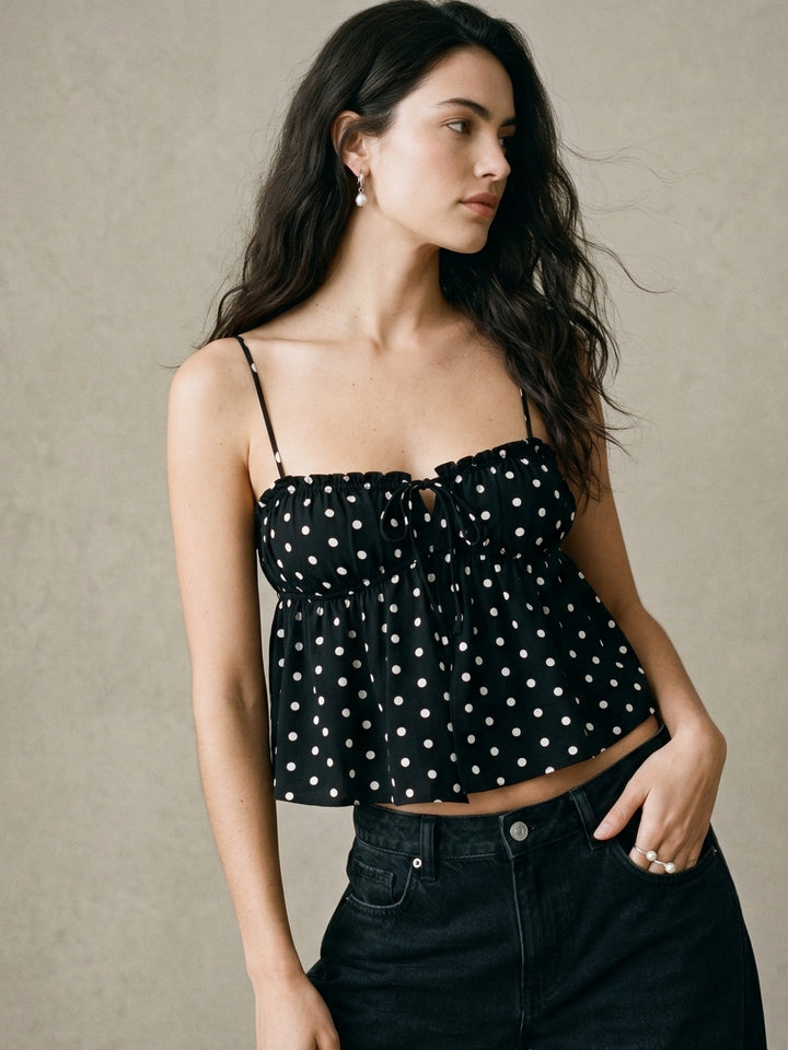 Black Strappy Sweetheart Neckline Polka Dotted Camisle