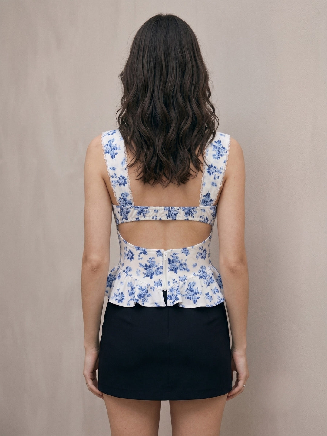 White Sweetheart Neckline Printed Peplum Top