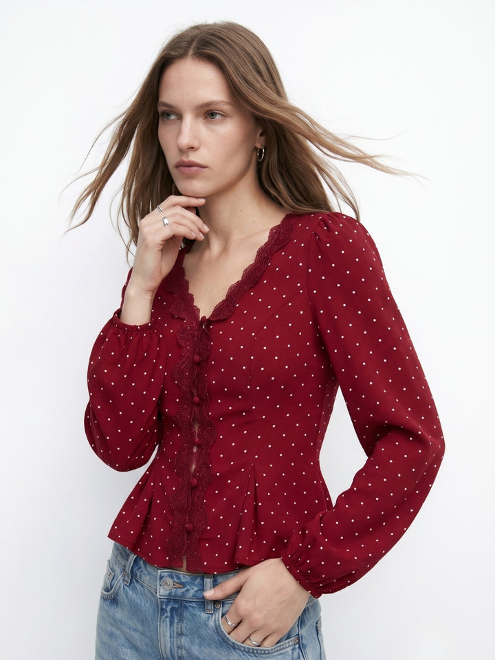 Red Polka Dotted Blouse With Lace Inserts