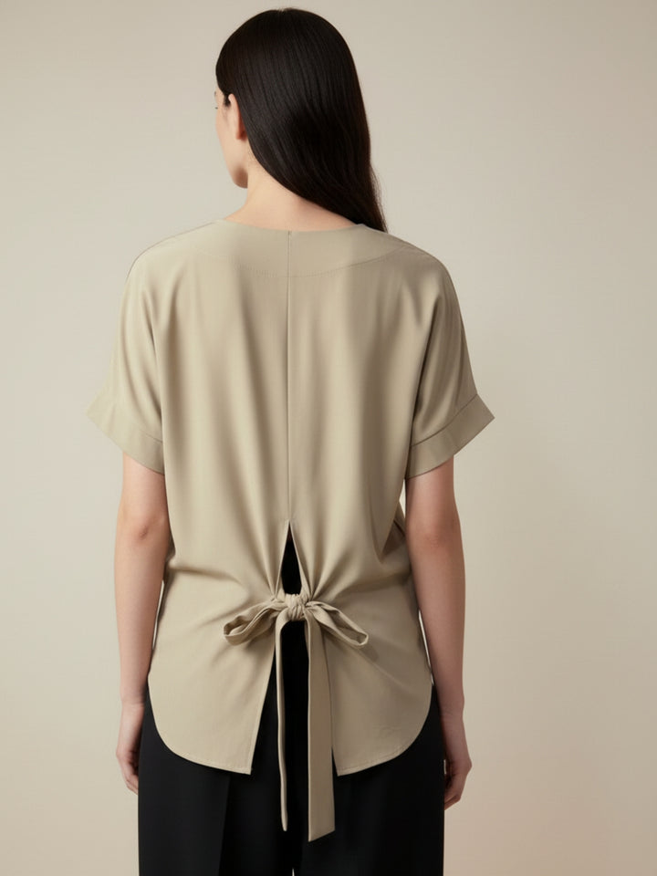 Khaki Waist Elastic Ruffle Sleeve Top