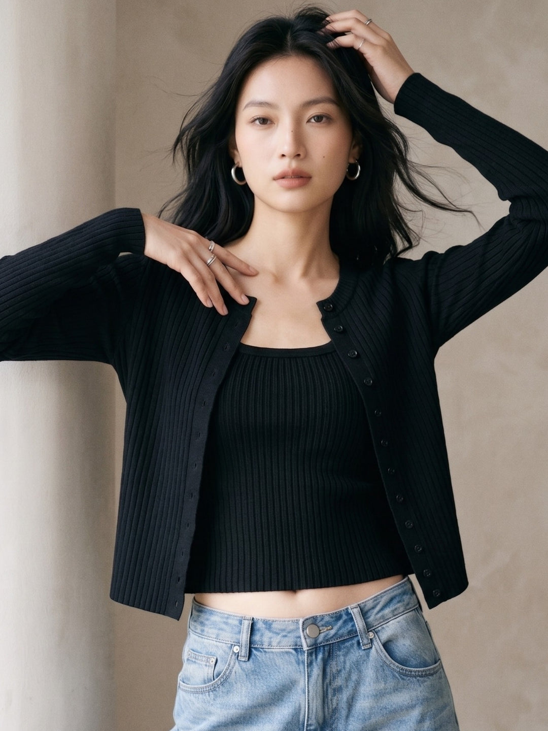Black Striped Textured Cardigan Styled 2Pcs Top