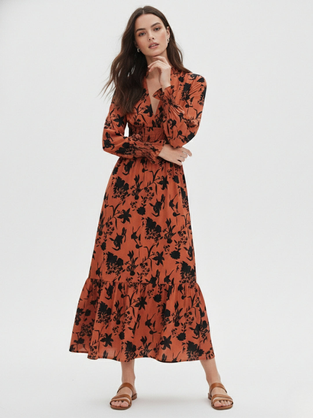 Orange Floral Print Smocked Midi Dress