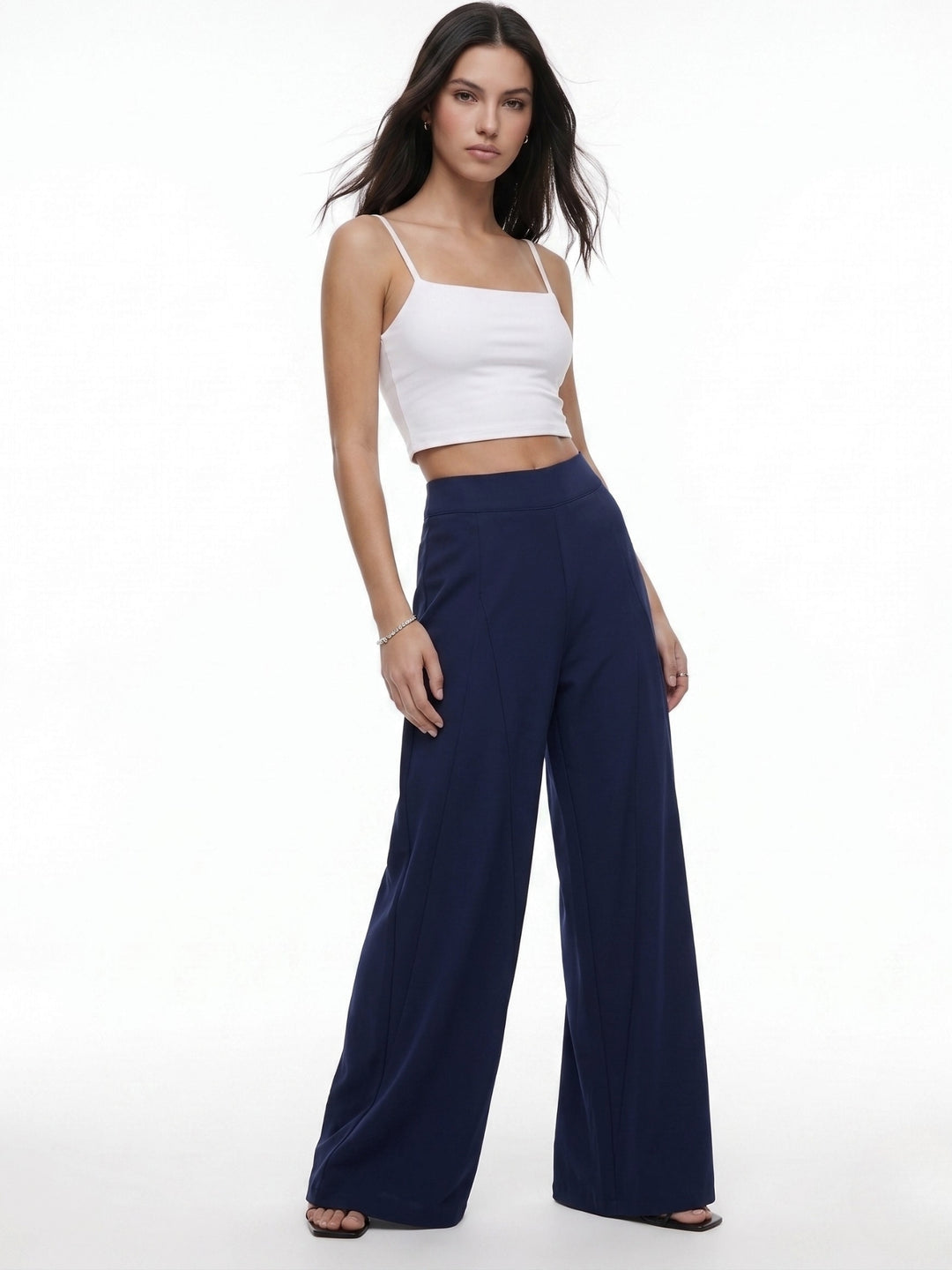 Navy Blue High Waist Pleated Flared Trouser