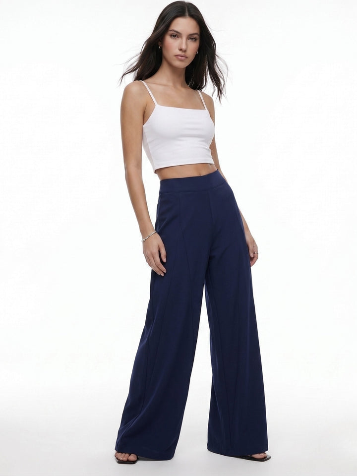 Navy Blue High Waist Pleated Flared Trouser