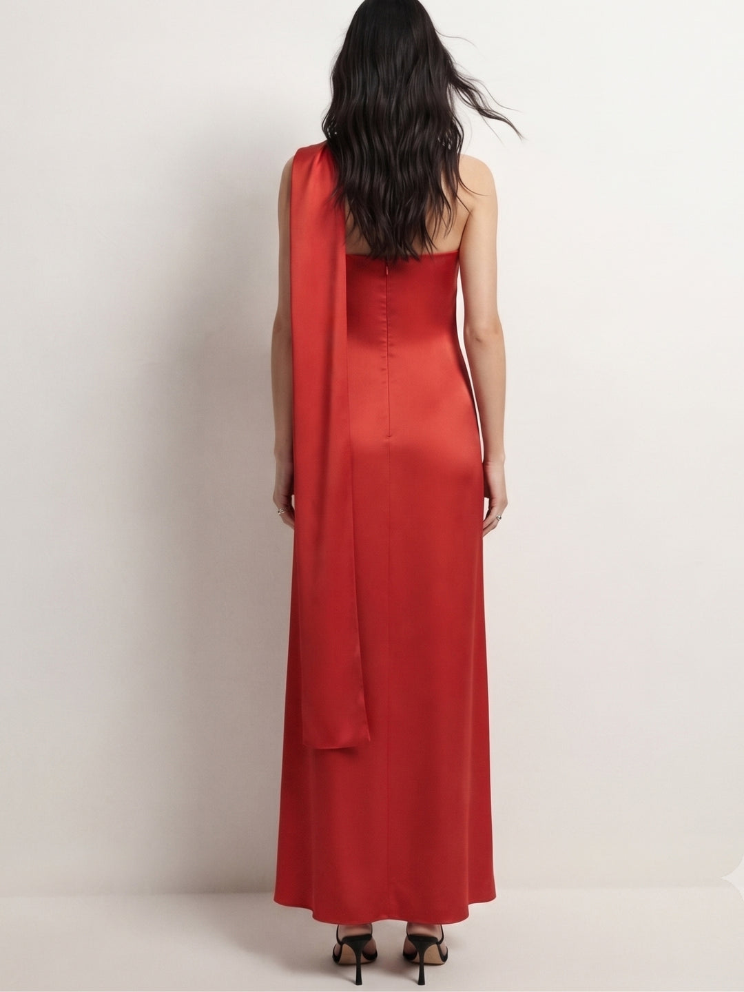Red One Shoulder Dress With Metal Trim