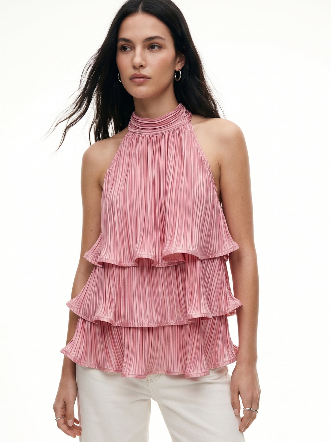 Pink Rolled-Up Tiered Halter Neck Top
