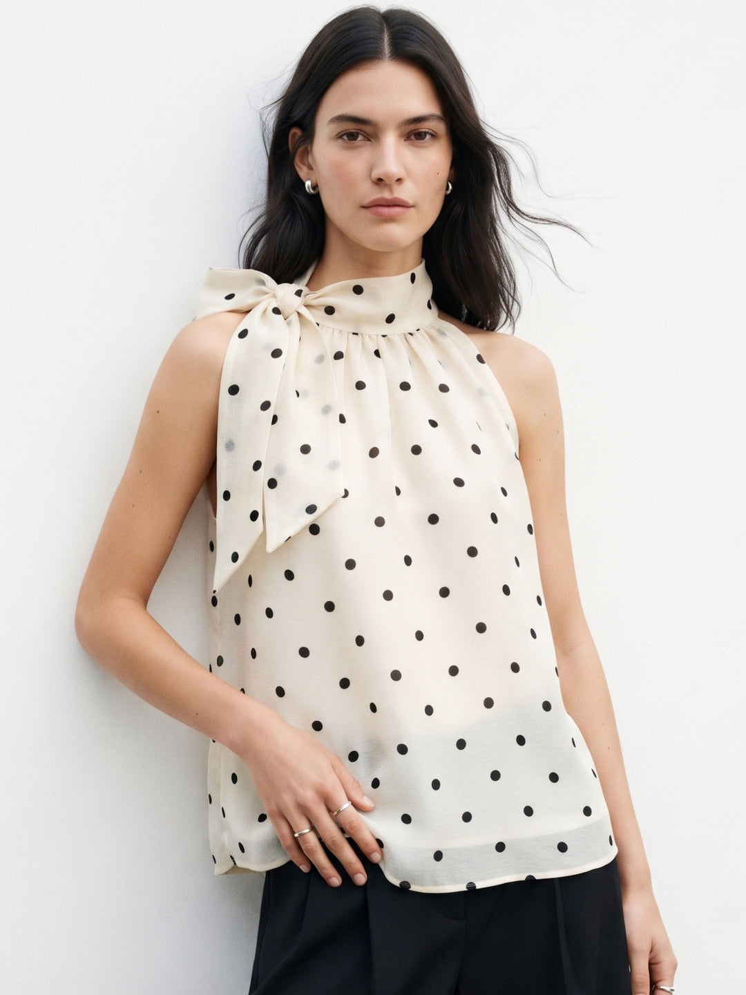 Off White Neck Tie-Up Polka Printed Top